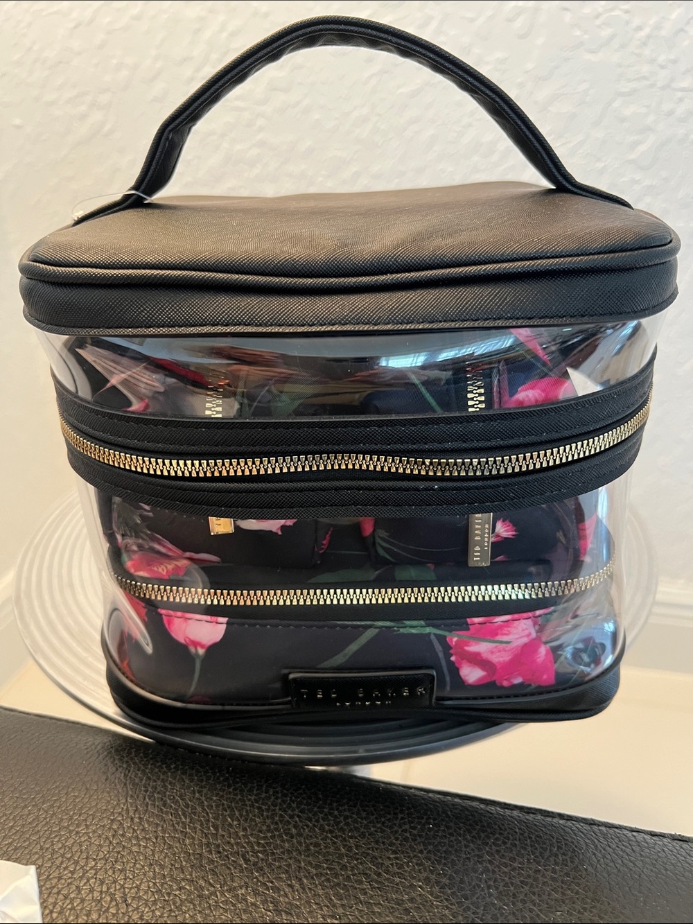 Ted Baker NWOT Black Clear Cosmetic Train Case with Pink Floral Inserts